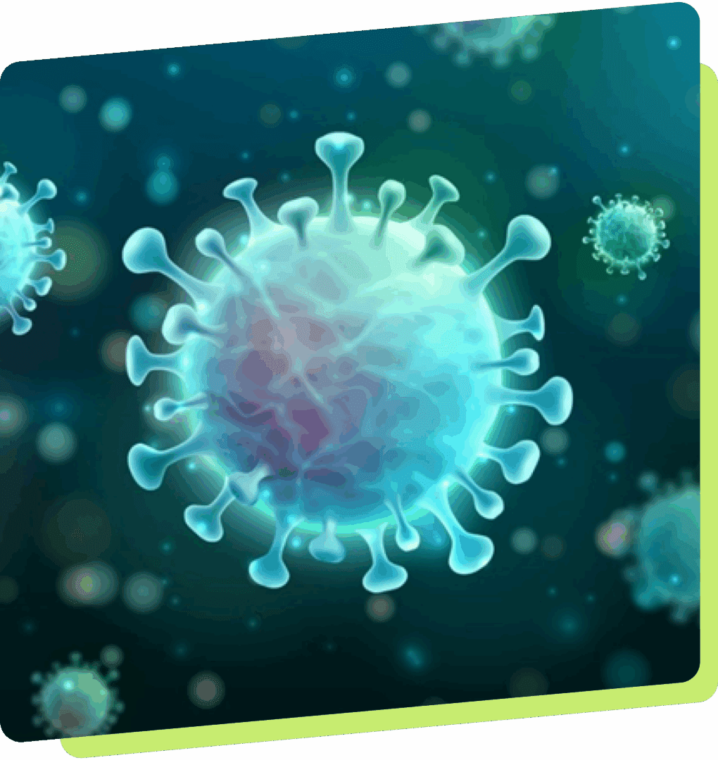 Close-up illustration of a virus particle under a microscope.